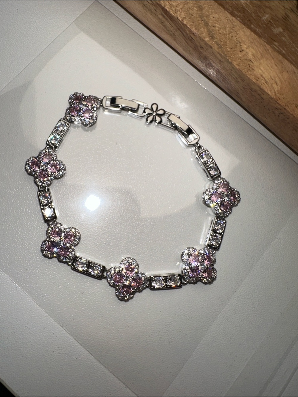 Sparkling Pink Clover Crystal Floral Tennis Bracelet